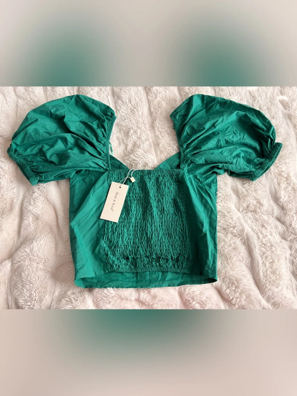 Sia & Sam Emerald Green Puff Sleeve Crop Top - Picture 2 of 3